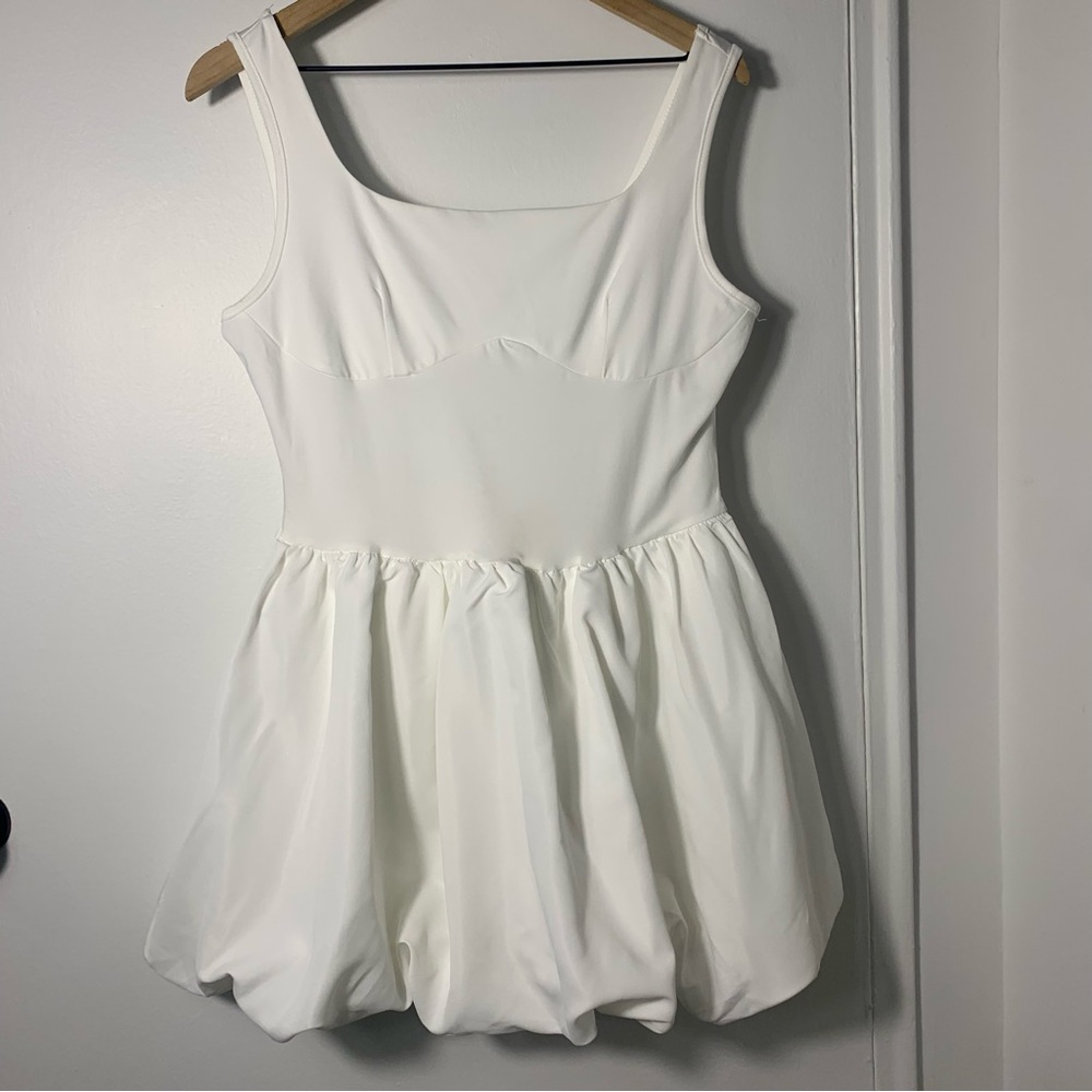 White Babydoll Dress with Square Neckline Elastic Waistband size large #babydoll